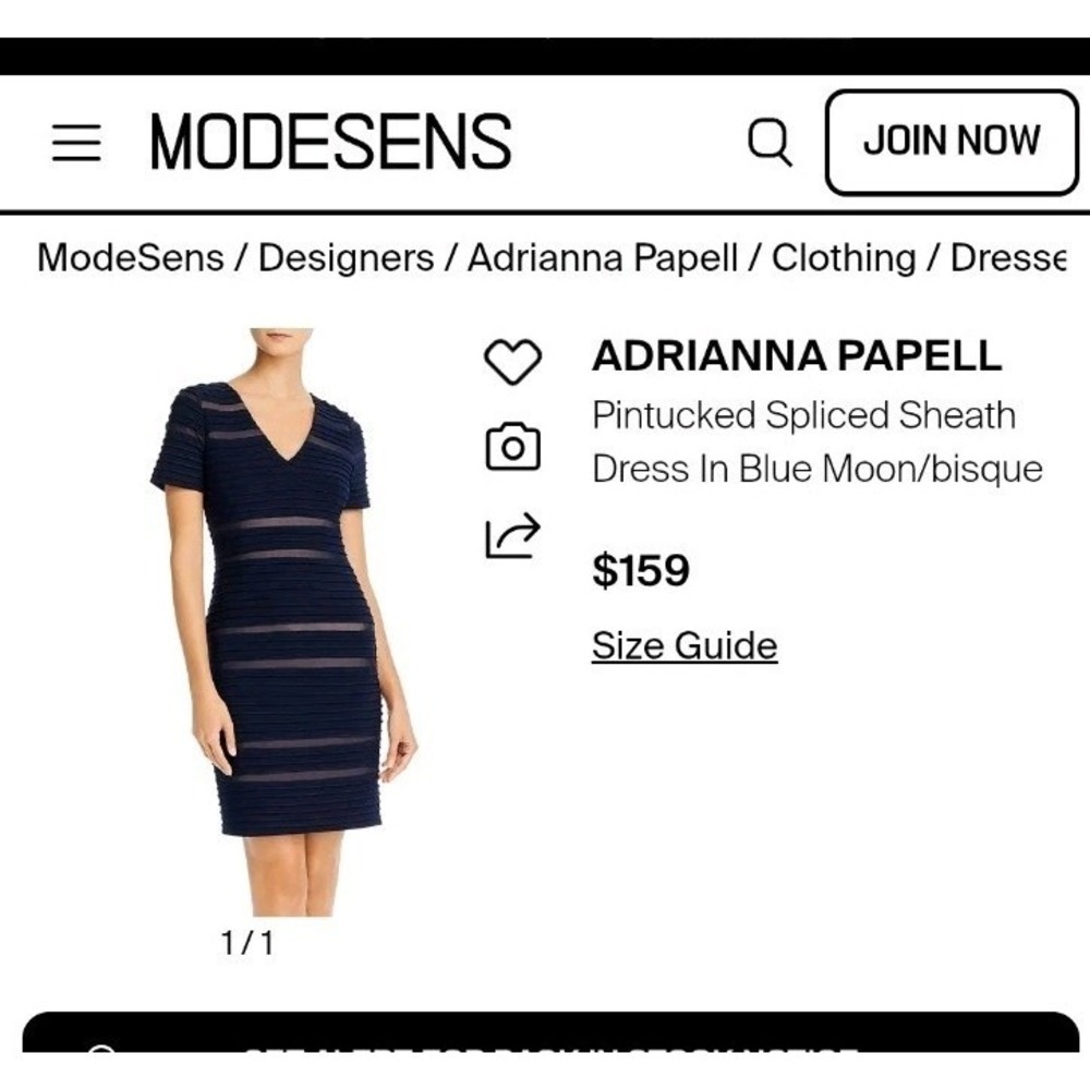 Adrianna Papell Pintucked Spliced Sheath Dress‎ in navy blue Size 8 - Picture 2 of 6